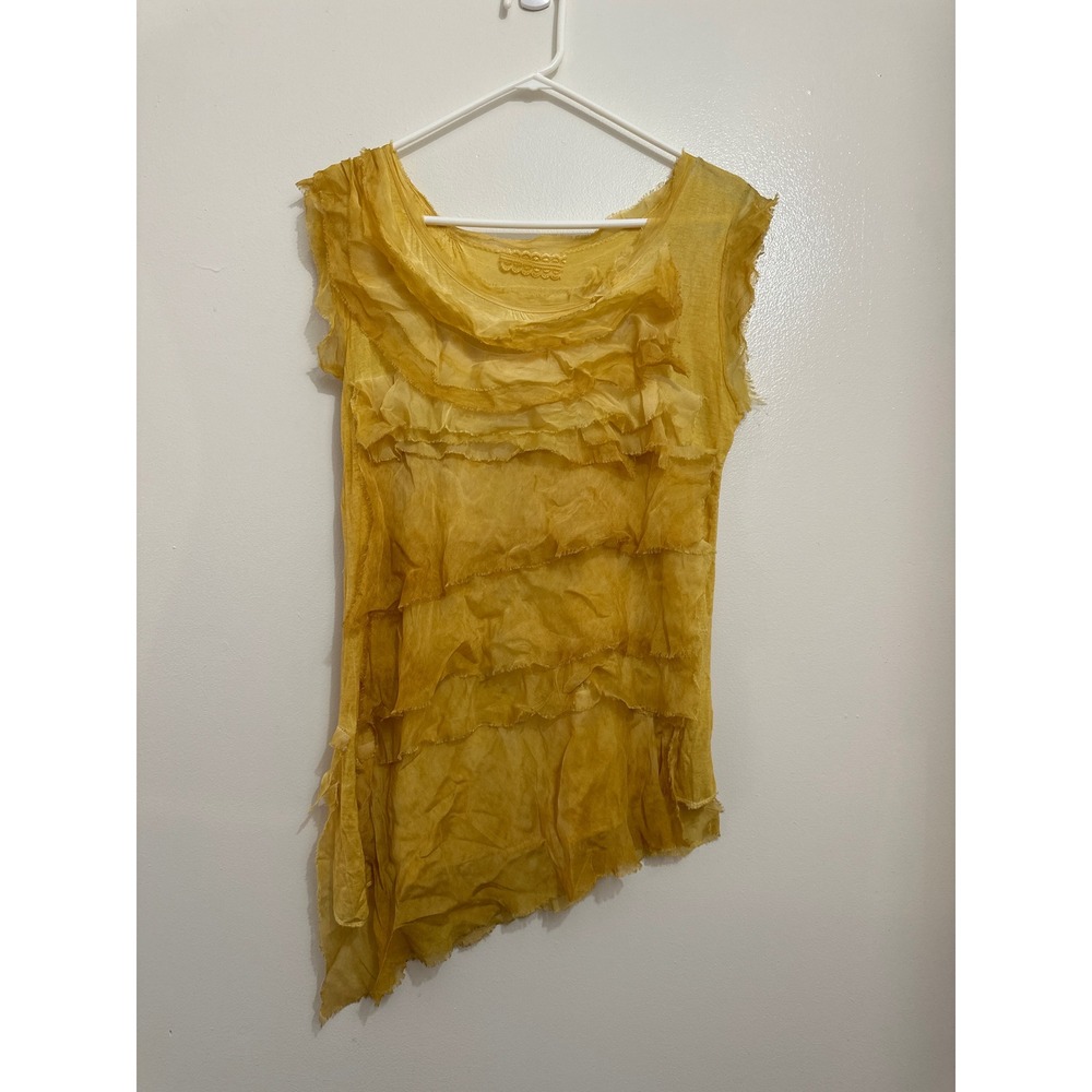 Made in Italy Silk Tiered Ruffle Asymmetrical Sleeveless Top Mustard Yellow